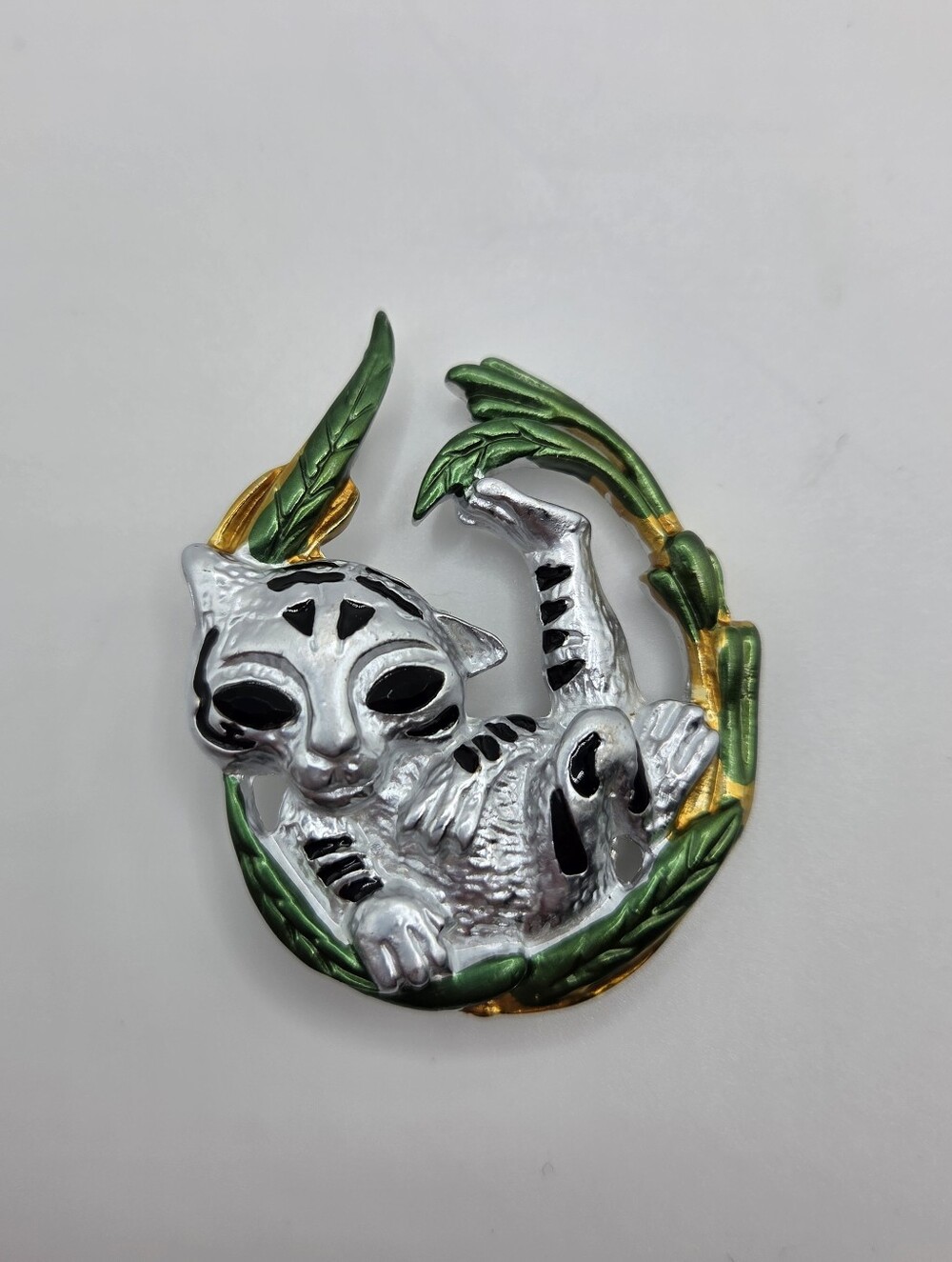 Baby Tiger Brooch Silver Black Enamel Green Gold Leaves Wildlife Pin New